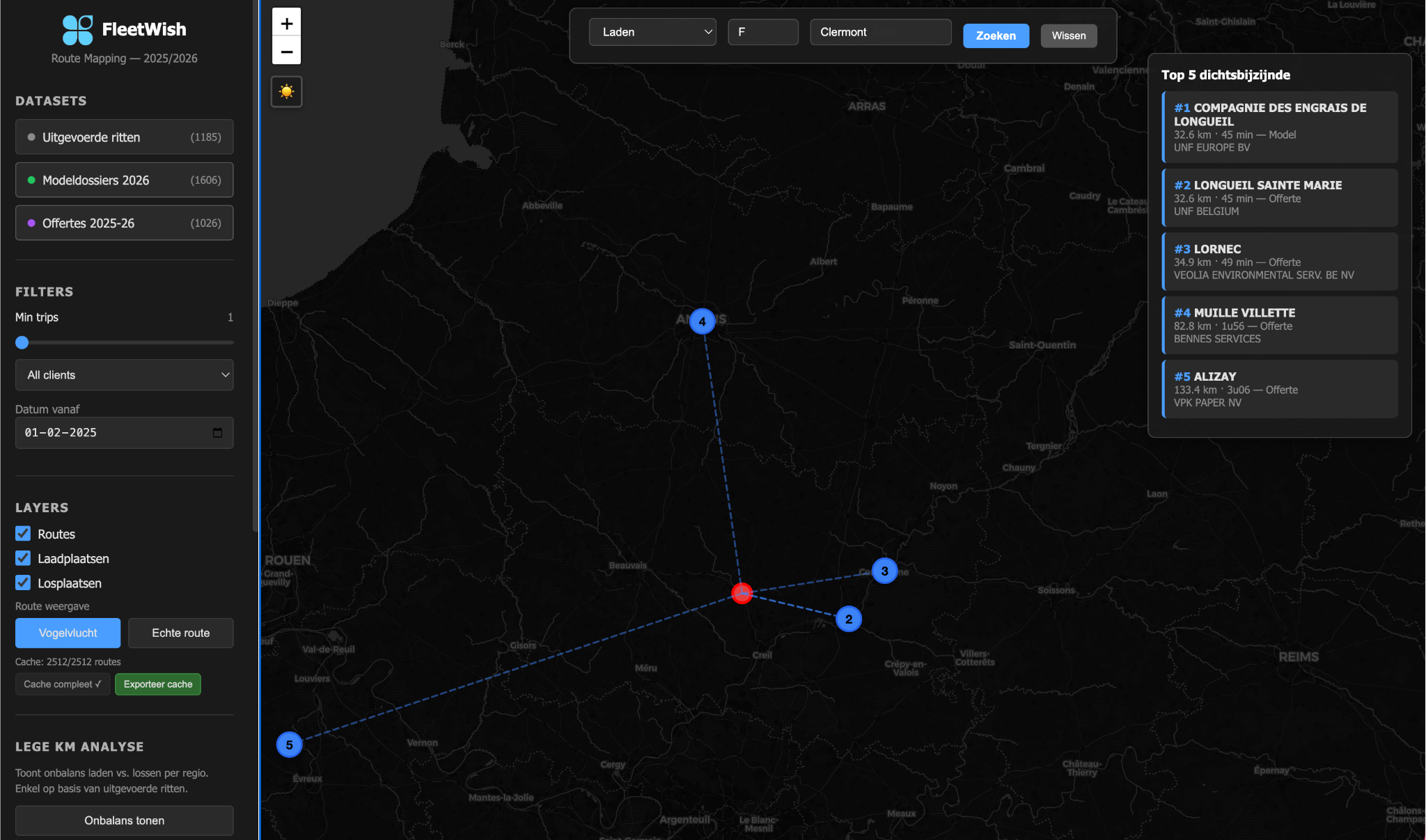FleetWish gap detection showing routes nearby and coverage analysis