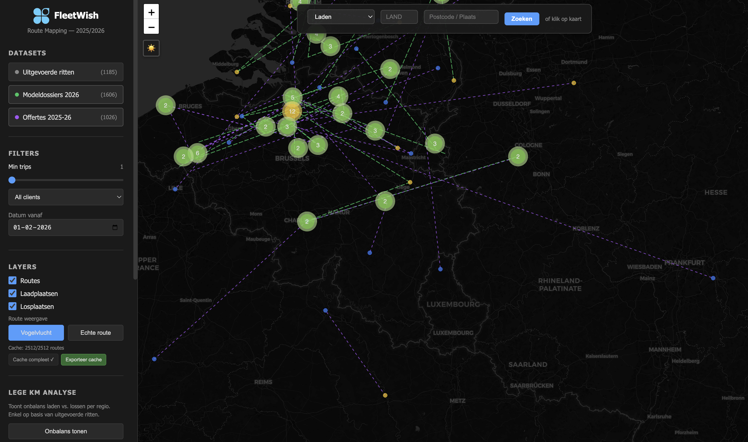 FleetWish interactive route mapping showing all transport routes on map